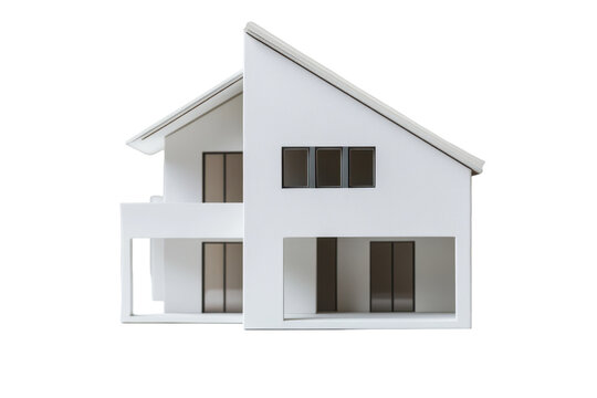 Modern white house model showcasing simple architecture with clean lines and functional design, perfect for contemporary living spaces