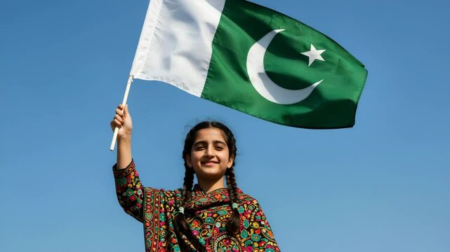Young girl holding Pakistani flag with a smile against blue sky  