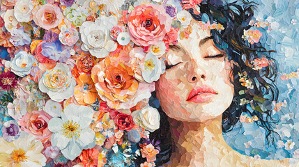 Portrait of a woman with lots of flowers. Abstract trendy art paper collage design