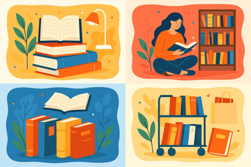 Set of book festival illustrations. Woman reading book near bookshelf. Stack of books with lamp. Library cart with literature. Vector concept for education, knowledge and hobby.