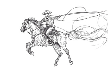 Cowboy riding a horse with a lasso in a dynamic western landscape at sunset, showcasing the spirit of ranch life and adventure in the open plains