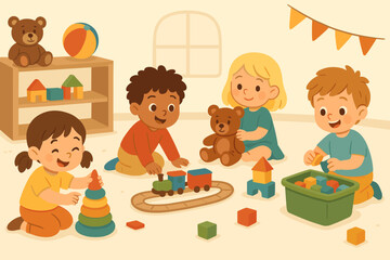 Diverse group of children playing together in kindergarten. Happy multicultural kids in playroom or daycare with educational toys like blocks, train, and teddy bear. Childhood fun.