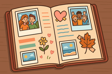 Photo album with memories. Scrapbook with pictures of friends, couple, and vacation. Nostalgia concept illustration. Family life moments and love story preserved in a book.