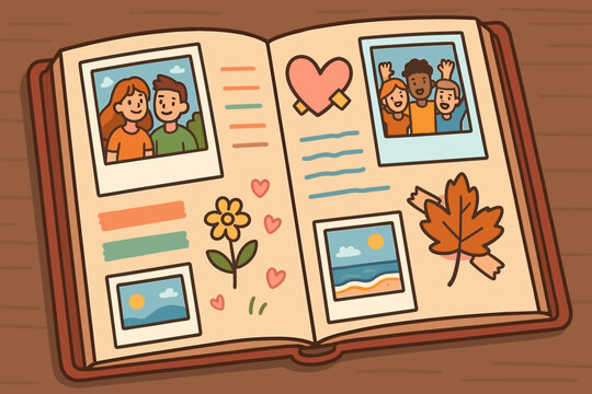 Photo album with memories. Scrapbook with pictures of friends, couple, and vacation. Nostalgia concept illustration. Family life moments and love story preserved in a book.