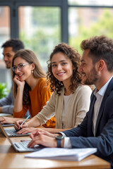 Young professionals collaborating happily in modern office meeting