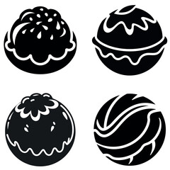 Black and White Illustration of Four Distinct Chocolate Truffle Designs on White