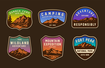 Set of vintage outdoor camping badges featuring various vector. Adventure retro stickers.