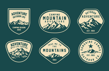 Set of vintage outdoor camping badges featuring various vector. Adventure retro stickers.