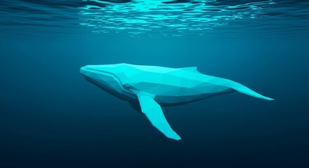 Polygonal Whale in Deep Ocean - A low-poly whale gracefully swims in a deep blue ocean, symbolizing serenity, mystery, nature's artistry, technological innovation and marine life