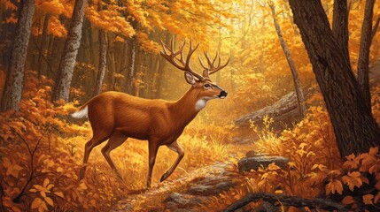 Majestic deer in autumnal forest.  Sunlight filters through colorful leaves