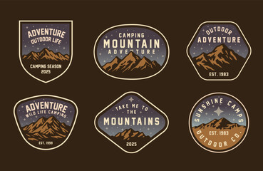 Set of vintage outdoor camping badges featuring various vector. Adventure retro stickers.