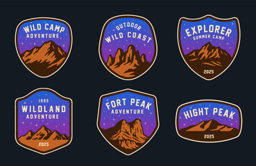 Set of vintage outdoor camping badges featuring various vector. Adventure retro stickers.