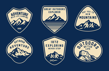 Set of vintage outdoor camping badges featuring various vector. Adventure retro stickers.