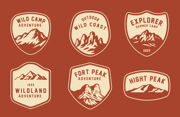 Set of vintage outdoor camping badges featuring various vector. Adventure retro stickers.