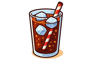 Refreshing glass of cold cola soda with ice cubes and striped straw. Vector illustration of a fizzy carbonated beverage. Cartoon icon for fast food menu or summer drink.