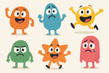 Set of cute cartoon characters expressing a range of emotions. Funny monster mascots with various feelings: happy, sad, angry, scared. Emotional intelligence and mental health vector.