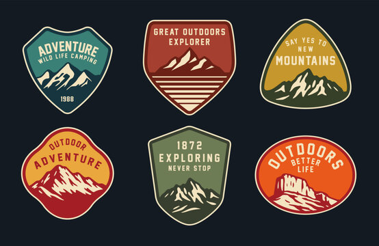 Set of vintage outdoor camping badges featuring various vector. Adventure retro stickers.