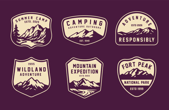 Set of vintage outdoor camping badges featuring various vector. Adventure retro stickers.