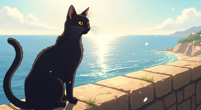 Black cat sitting on a stone wall with a scenic ocean view, illustrated in Japanese anime style. Serene village, Mediterranean landscape, bright flowers. Perfect for posters, wallpapers, and digital a