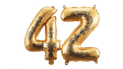 Golden balloon shaped like number 4 with detailed blue swirl motifs paired with Z-shaped golden balloon with ornate blue patterns isolated transparent background
