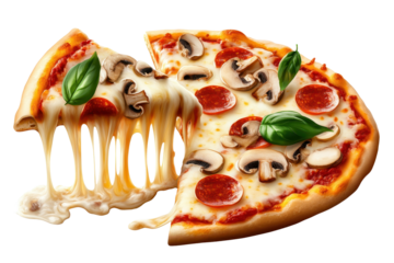 Delicious slice of pizza topped with melting cheese, pepperoni, mushrooms, and fresh basil served with a generous stretch of cheese on a white background