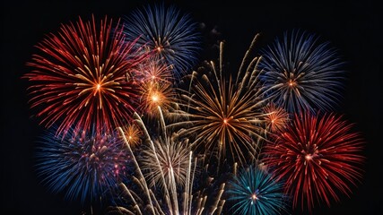 Obraz premium Long exposure of colorful fireworks, creating radiant trails in the sky with no people or objects.