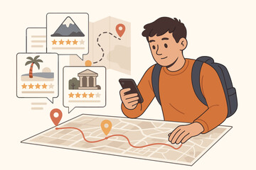 Travel planning concept with tourist planning trip itinerary on smartphone. Man with backpack uses mobile app and map to choose destinations, check reviews for a vacation journey.