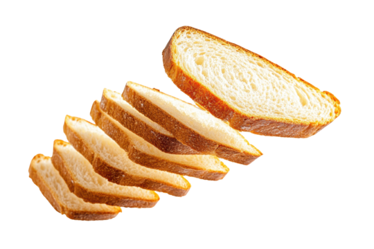 Sliced bread floating in mid-air against a bright white background, showcasing its texture and layers