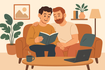 Loving gay couple relaxing at home. Two men in a relationship sitting on a cozy couch reading a book. LGBTQ+ same-sex partners enjoying quality time together. Domestic life.