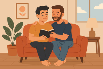 Gay couple reading a book together on the couch. Two men in love relaxing at home. Concept of LGBTQ+ relationship, intimacy, and domestic life. Cozy vector illustration.