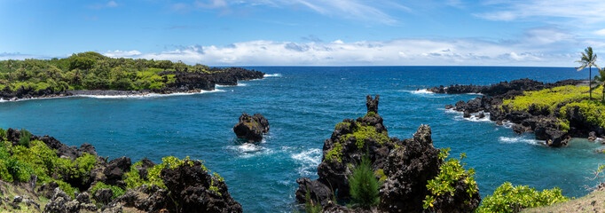 Panoramic view of a rocky coastline with lush vegetation and turquoise water under a blue sky.