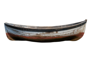 Lonely wooden boat floating with an aged weathered appearance on a transparent background