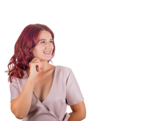 Pensive redhead woman keeps hand under chin thoughtful looking aside, finding solutions to her questions