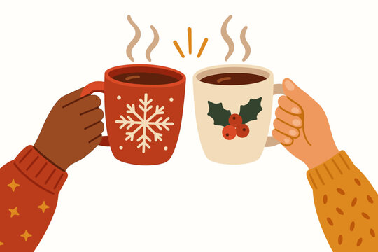 Two hands clinking Christmas mugs with hot chocolate. Winter holiday cheers. Diverse friends celebrating together. Festive cozy concept with sweaters, snowflake, and holly. Vector.