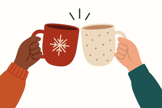 Diverse friends hands clinking coffee mugs for a holiday toast. Winter celebration with warm drinks. Christmas cozy concept. Multicultural friendship cheers vector illustration. - Powered by Adobe