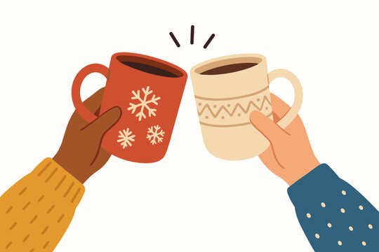Two diverse friends toasting with warm mugs. Christmas holiday celebration concept. People hands holding cups with hot drinks in cozy winter sweaters. Festive vector illustration.