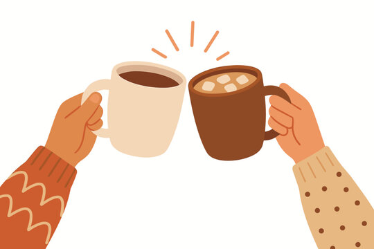 Two hands in cozy winter sweaters toasting with mugs of hot chocolate and coffee. Friends cheering with warm drinks. Winter holiday celebration concept. Hygge vector illustration.