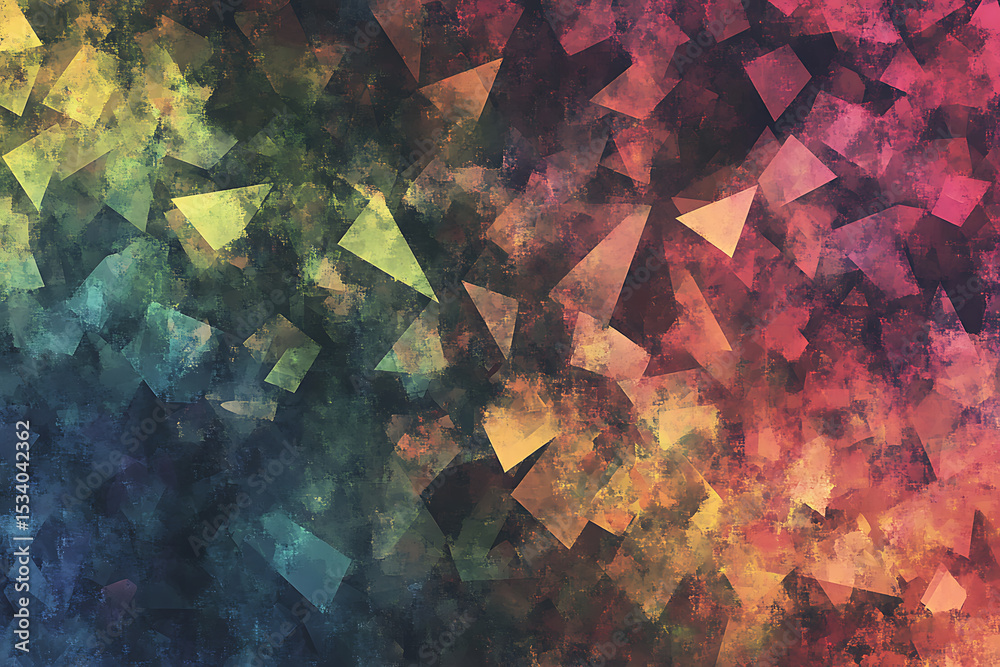 Poster a background with a gradient of colors, featuring various shades and shapes of triangles in differen