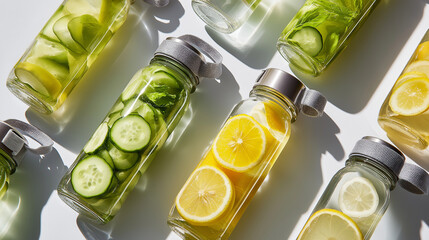 Healthy infused water boost metabolism, Glass bottles with lemon, cucumber water drink detox at sunlight on white background, creative pattern. 
