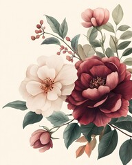 A detailed illustration of a bouquet of flowers in muted tones.