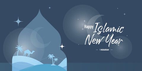 Happy Islamic New Year greeting card design with modern art style concept