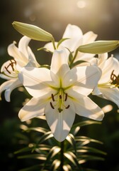 Fototapeta premium Serene White Lilies in Sunlight - Graceful white lilies bathed in warm sunlight, symbolizing purity, peace, tranquility, elegance, and hope