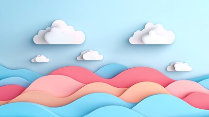Pastel-colored paper cut-out waves and clouds.