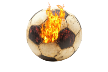 Soccer ball engulfed in flames isolated on a transparent background for dynamic sports imagery