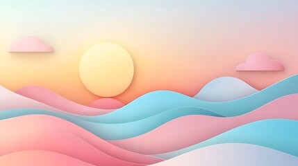 Pastel colored paper cut waves and sunset.