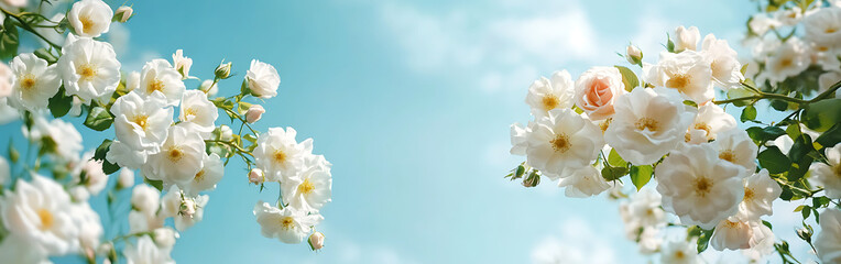 A beautiful banner with white wild roses and a blue sky in the background, in a minimalistic style, high-resolution photography, high detail, hyper-realistic, cinematic.