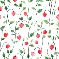 Delicate floral pattern with red and pink fruits and green leaves.
