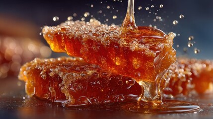 Golden cascade: A close-up of honey pouring over natural honeycomb slices
