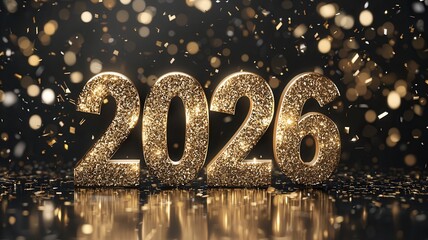 Glittering gold falling digits gleaming on mirrored surface, surrounded by 2026 golden confetti, celebrating upcoming new year