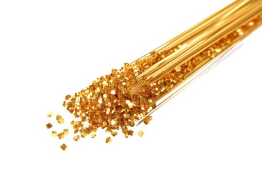 Golden confetti sparkles fall gracefully, creating a festive atmosphere in a celebration or event setting